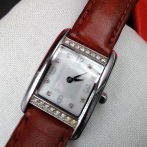 Coach Silver Tone Tank Watch Cognac Leather Strap